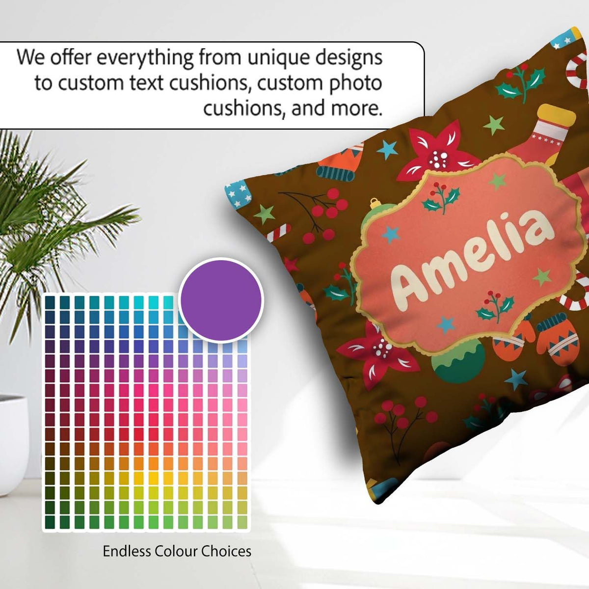 Custom Name Christmas Mittens Baubles Candy Cane Floral Seamless Square Filled Cushion Throw Pillow Sofa Bed Home Decor Zip Washable UK Made