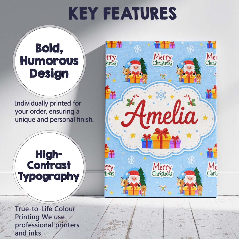 Personalised Name Cute Santa Reindeer Custom Modern Room Accent Creative Decorator Style Canvas Wall Art Print Decor Picture Ready to Hang