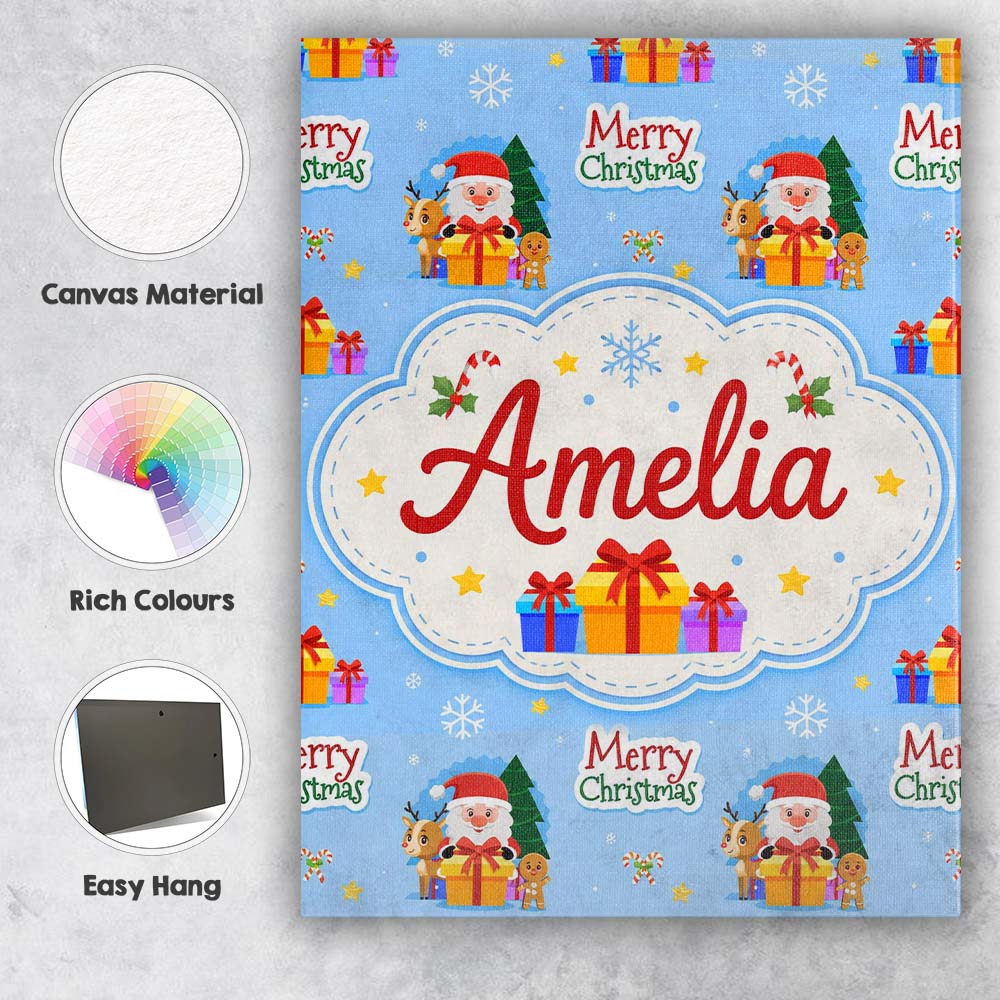 Personalised Name Cute Santa Reindeer Custom Modern Room Accent Creative Decorator Style Canvas Wall Art Print Decor Picture Ready to Hang