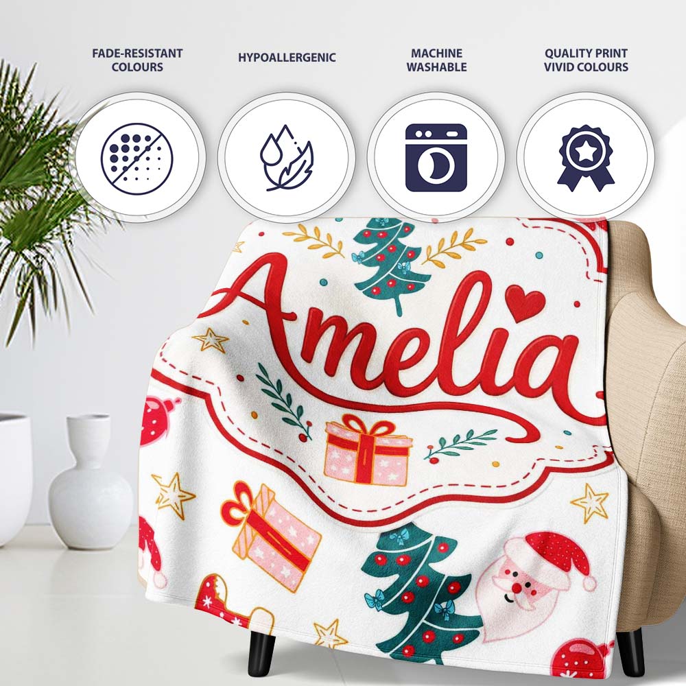Cute Snowman Santa Tree Gifts Stars Holiday Seamless Pattern Lovely Personalised Custom Name Super Soft Fleece Blanket Bed Sofa Throw