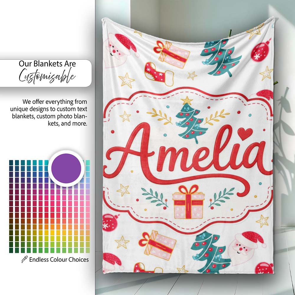 Cute Snowman Santa Tree Gifts Stars Holiday Seamless Pattern Lovely Personalised Custom Name Super Soft Fleece Blanket Bed Sofa Throw