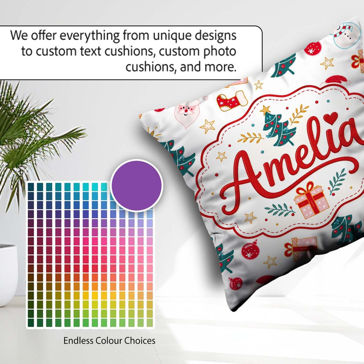 Custom Name Cute Snowman Santa Tree Gifts Stars Holiday Seamless Square Filled Cushion Throw Pillow Sofa Bed Home Decor Zip Washable UK Made