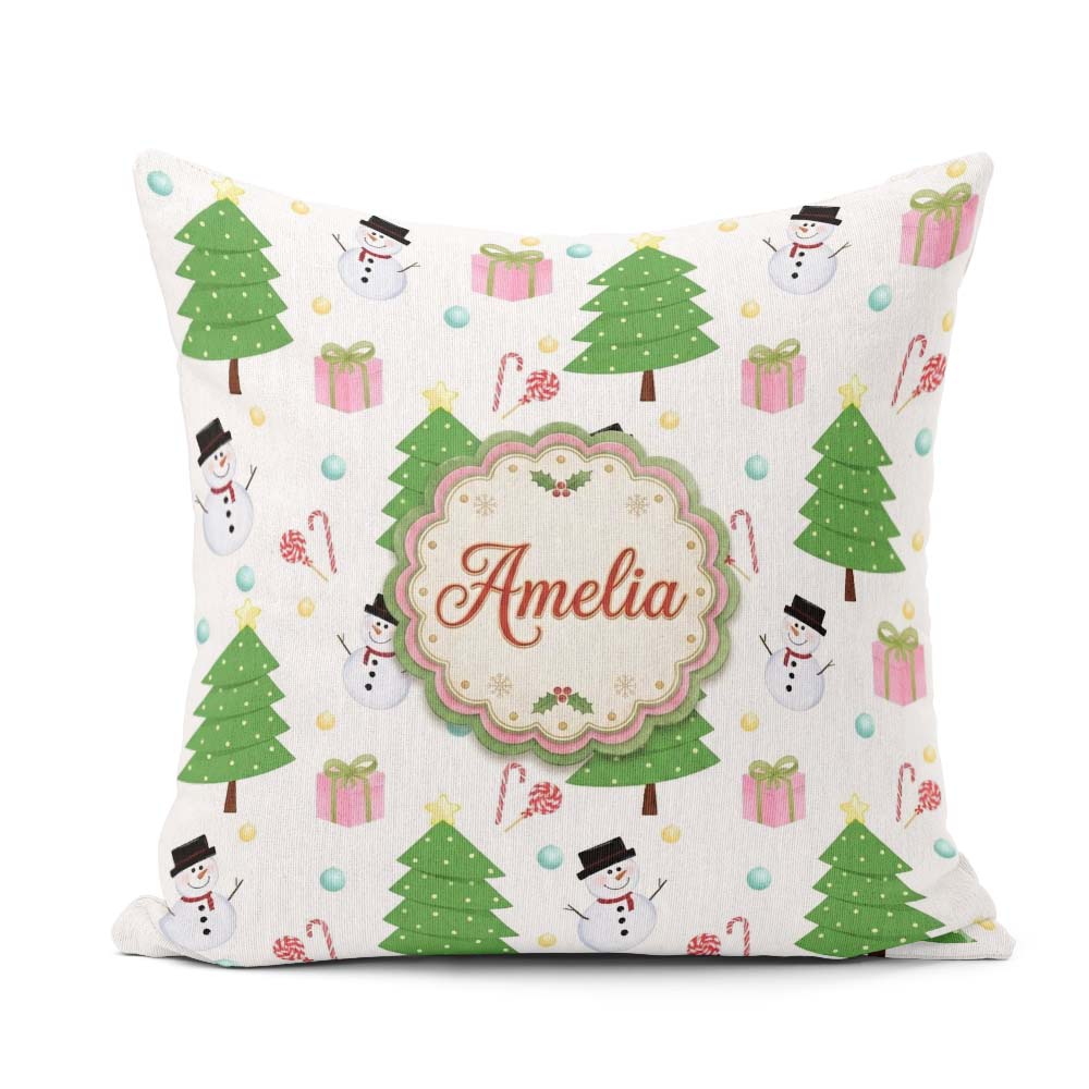 Custom Name Cute Snowman Christmas Tree Candy Cane Gifts Pattern Square Filled Cushion Throw Pillow Sofa Bed Home Decor Zip Washable UK Made