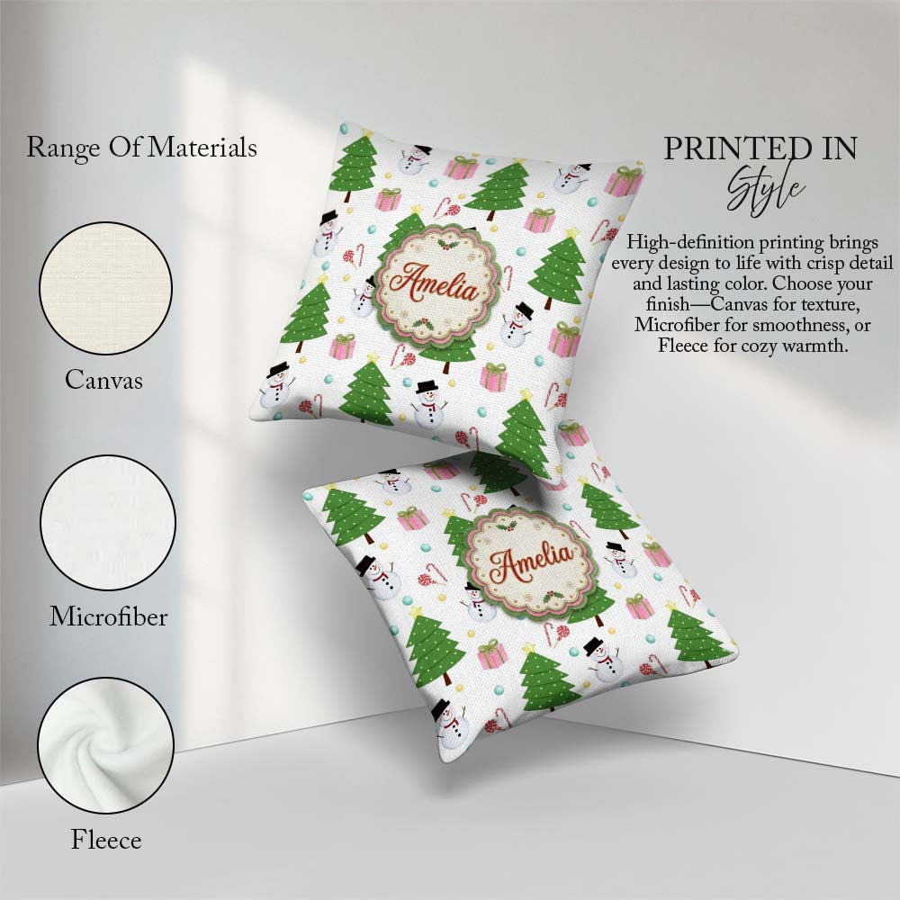 Custom Name Cute Snowman Christmas Tree Candy Cane Gifts Pattern Square Filled Cushion Throw Pillow Sofa Bed Home Decor Zip Washable UK Made