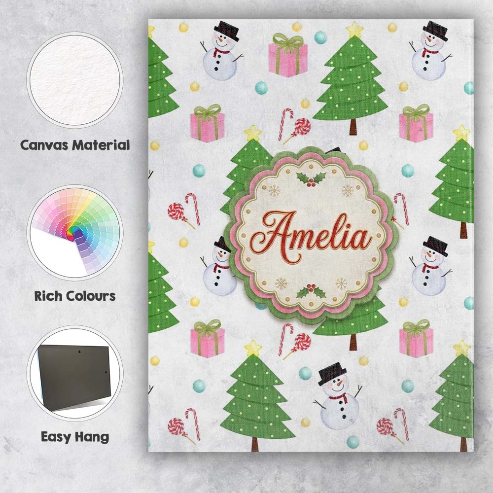 Personalised Name Cute Snowman Christmas Custom Unique Gift Idea Elegant Feature Canvas Wall Art Print Decor Picture Ready to Hang