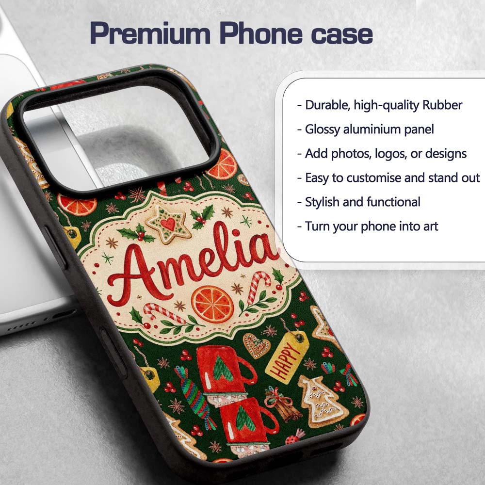 Watercolor Christmas Cookies Candy Orange Festive Custom Name Protective Phone Case Mobile Cover Durable Everyday Smartphone Shock Resistant