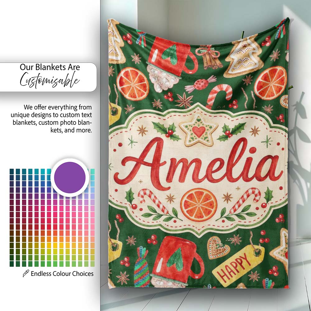 Watercolor Christmas Cookies Candy Orange Festive Seamless Personalised Custom Name Super Soft Fleece Blanket Bed Sofa Throw