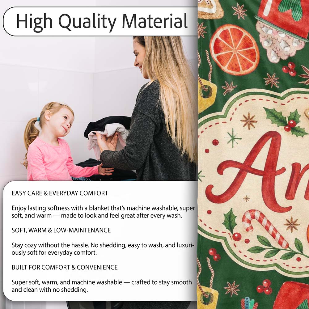Watercolor Christmas Cookies Candy Orange Festive Seamless Personalised Custom Name Super Soft Fleece Blanket Bed Sofa Throw