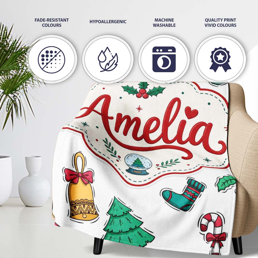 Cute Gingerbread Cookie Ornament Bell Tree Seamless Pattern Lovely Personalised Custom Name Super Soft Fleece Blanket Bed Sofa Throw