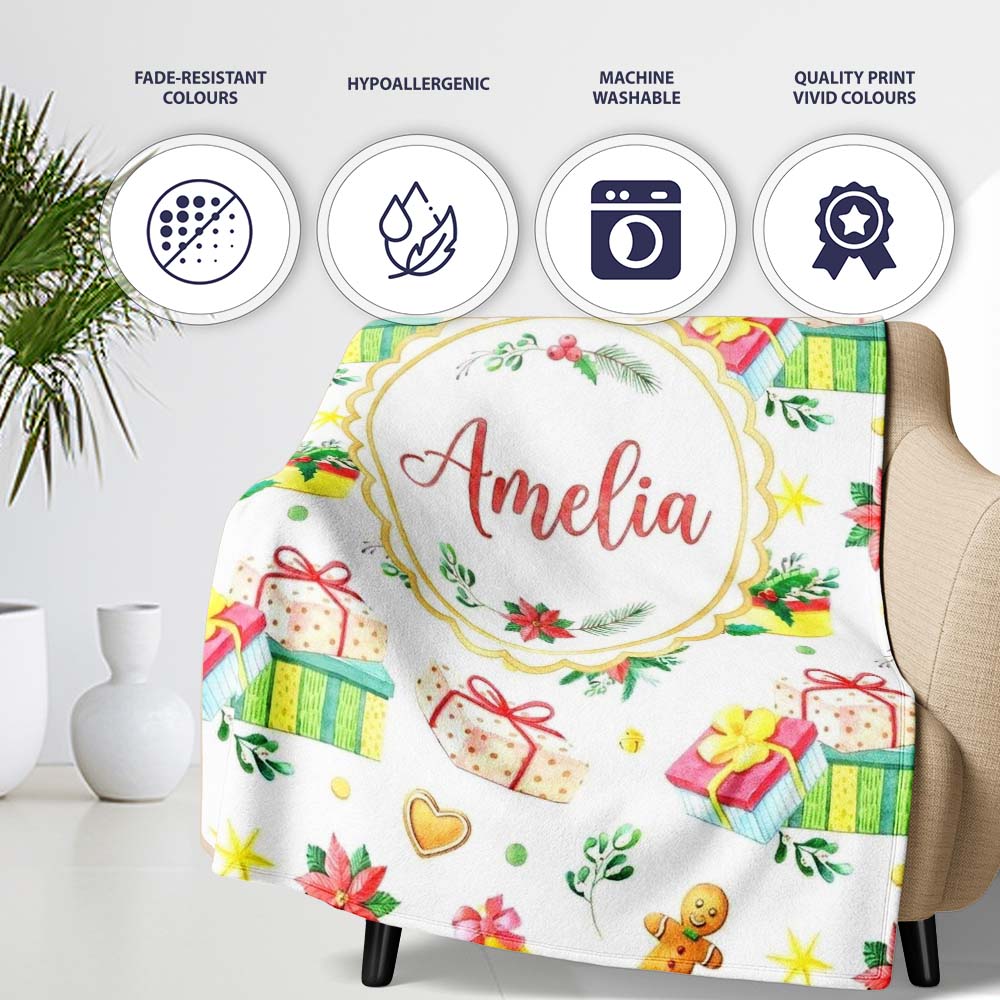 Watercolor Christmas Gifts Candle Poinsettia Seamless Pattern Lovely Personalised Custom Name Super Soft Fleece Blanket Bed Sofa Throw