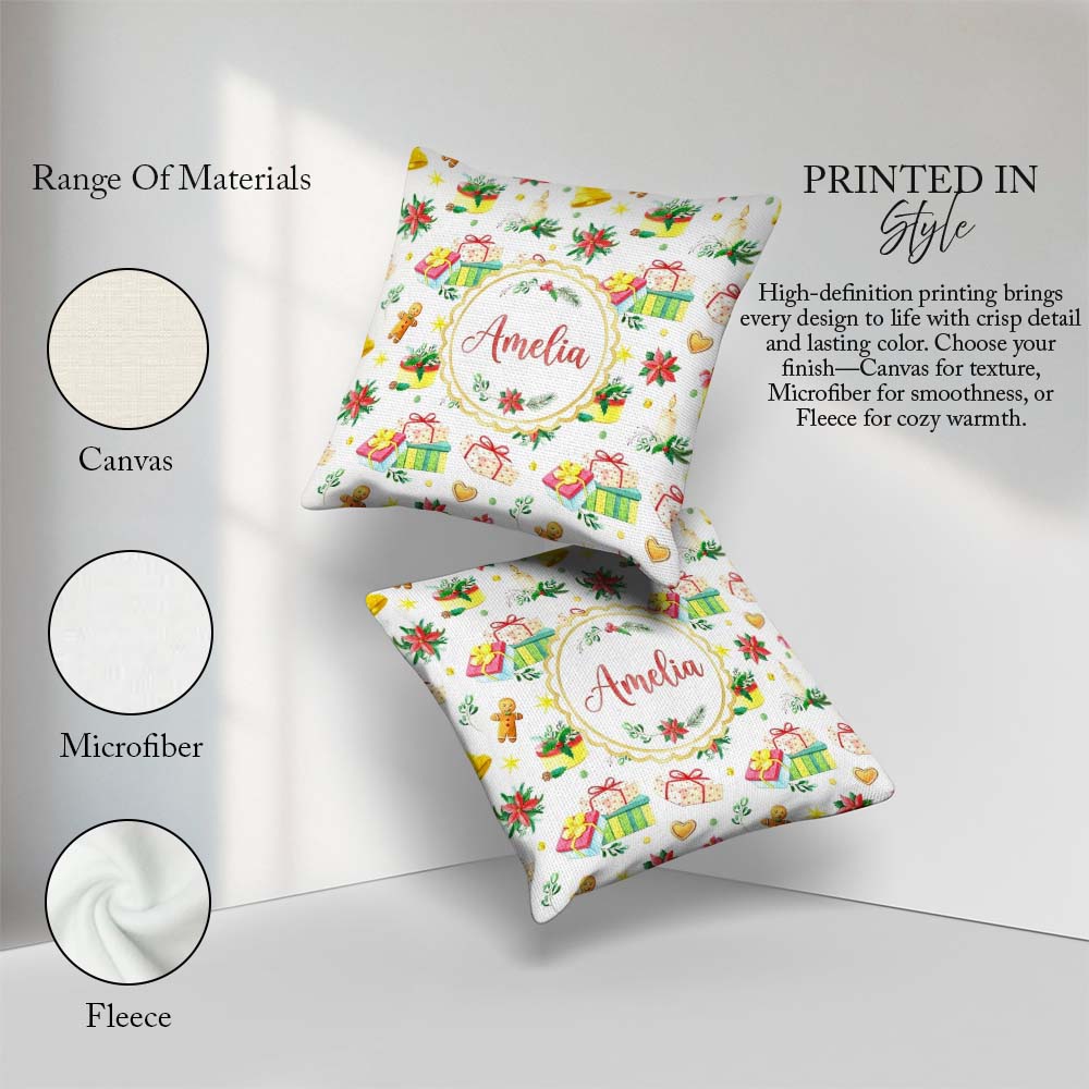 Custom Name Watercolor Christmas Gifts Candle Poinsettia Pattern Square Filled Cushion Throw Pillow Sofa Bed Home Decor Zip Washable UK Made
