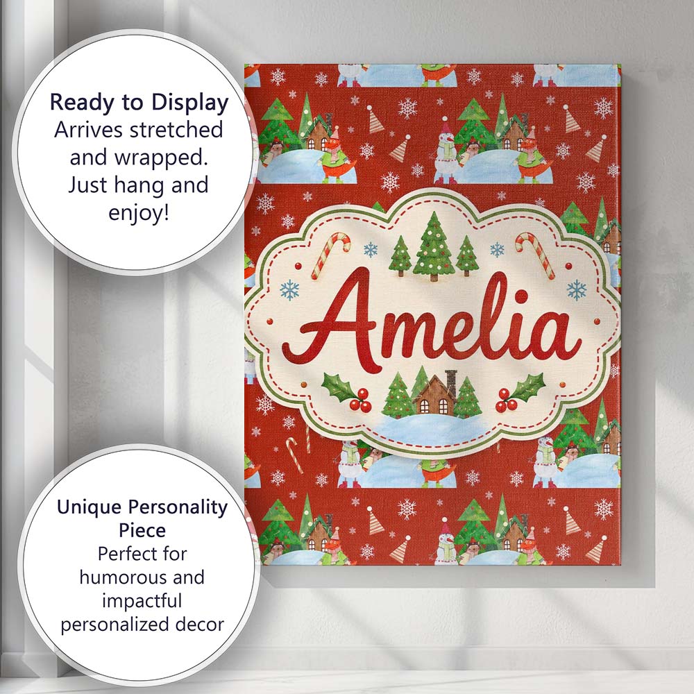 Personalised Name Cute Winter Snowman Bird Custom Unique Gift Idea Elegant Feature Canvas Wall Art Print Decor Picture Ready to Hang