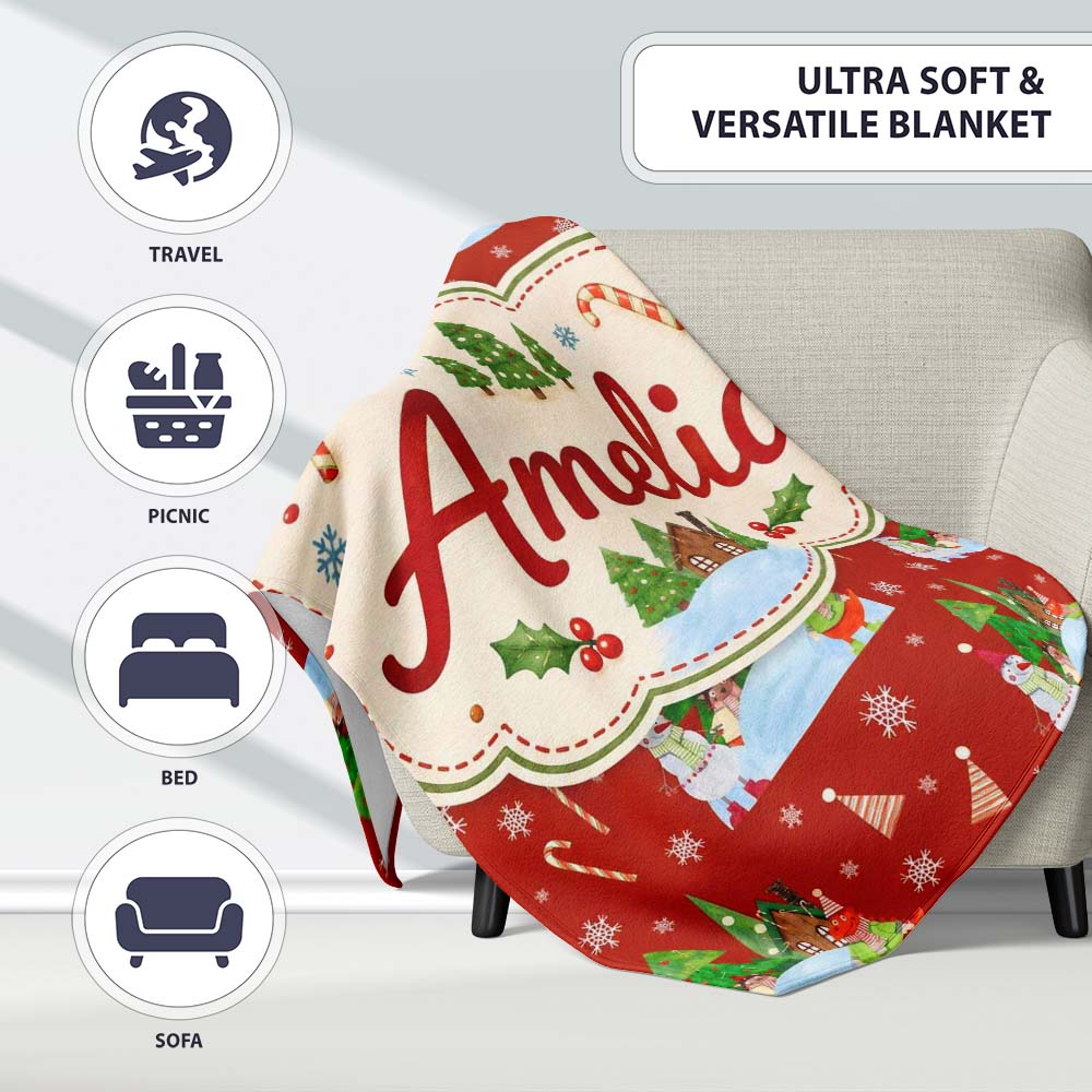 Cute Winter Snowman Bird Christmas Scene Red Seamless Pattern Lovely Personalised Custom Name Super Soft Fleece Blanket Bed Sofa Throw