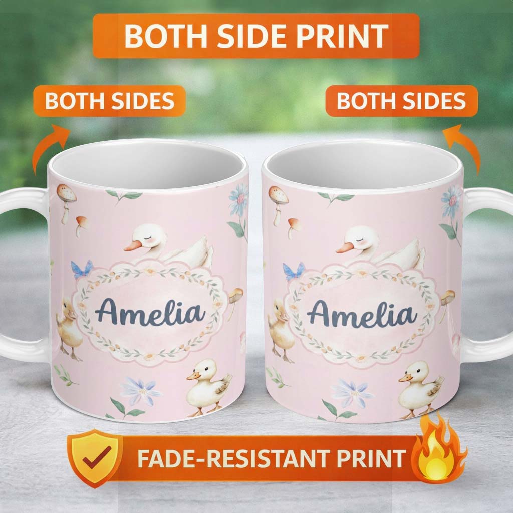 Personalized Custom Name Swan and Ducklings with Flowers Mushrooms Soft Pink Seamless 11oz Ceramic Coffee Tea Mug White Large Handle