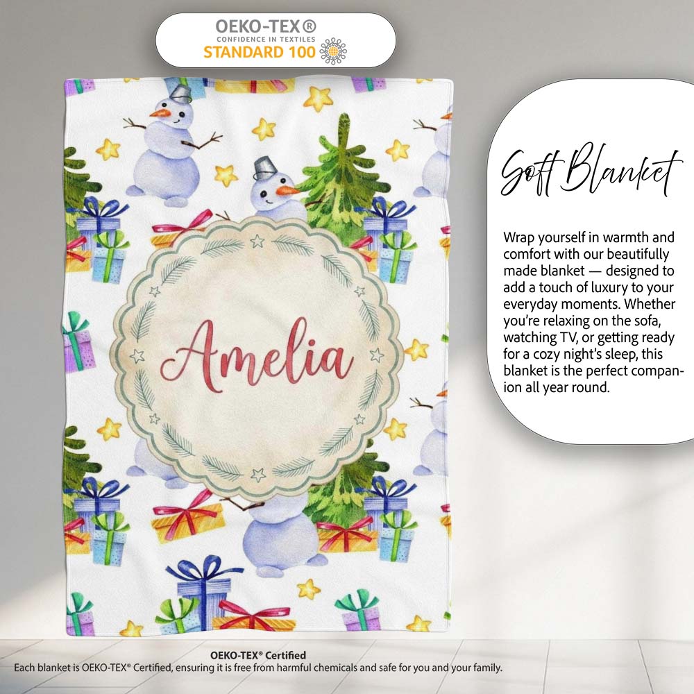 Cute Watercolor Snowman Christmas Tree Gifts Stars Seamless Pattern Personalised Custom Name Super Soft Fleece Blanket Bed Sofa Throw