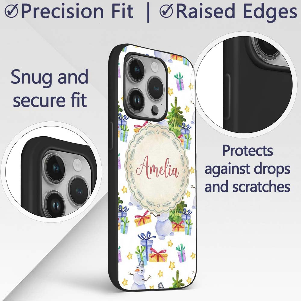 Cute Watercolor Snowman Christmas Tree Gifts Custom Name Protective Phone Case Mobile Cover Durable Everyday Smartphone Shock Resistant