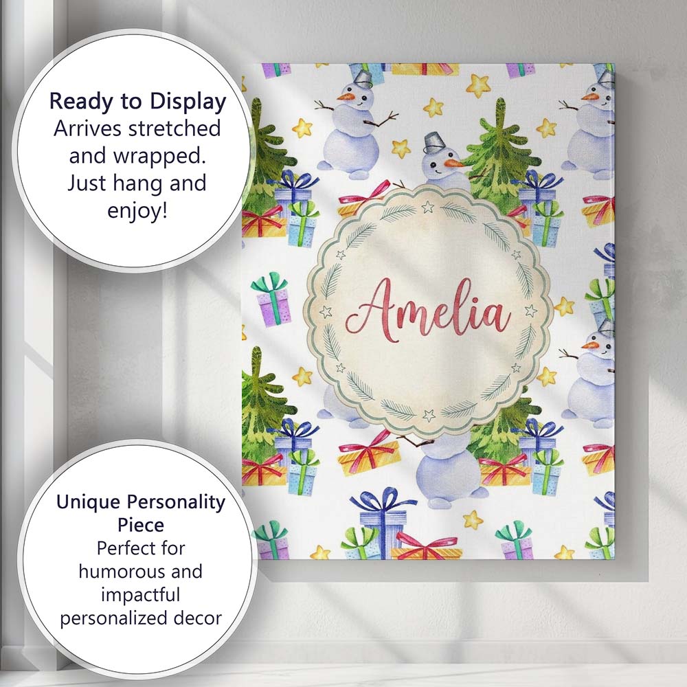 Personalised Name Cute Watercolor Snowman Custom Unique Gift Idea Elegant Feature Canvas Wall Art Print Decor Picture Ready to Hang