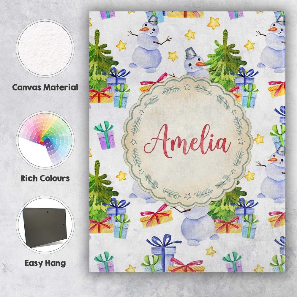 Personalised Name Cute Watercolor Snowman Custom Unique Gift Idea Elegant Feature Canvas Wall Art Print Decor Picture Ready to Hang