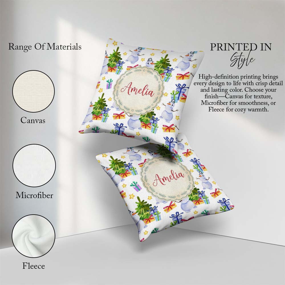 Custom Name Watercolor Snowman Tree Gifts Stars Seamless Pattern Square Filled Cushion Throw Pillow Sofa Bed Home Decor Zip Washable UK Made