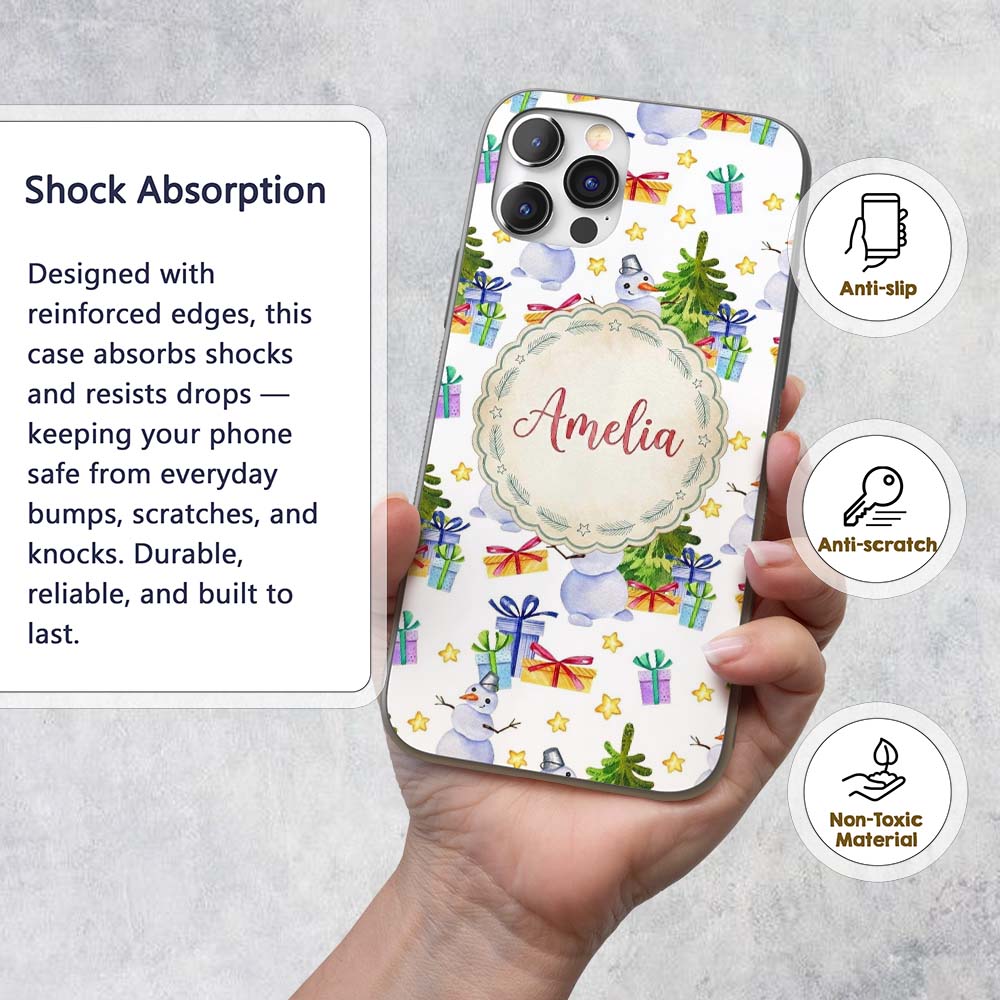 Cute Watercolor Snowman Christmas Tree Gifts Custom Name Protective Phone Case Mobile Cover Durable Everyday Smartphone Shock Resistant