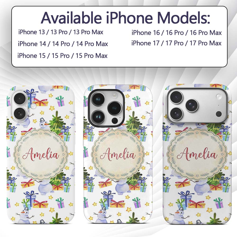 Cute Watercolor Snowman Christmas Tree Gifts Custom Name Protective Phone Case Mobile Cover Durable Everyday Smartphone Shock Resistant