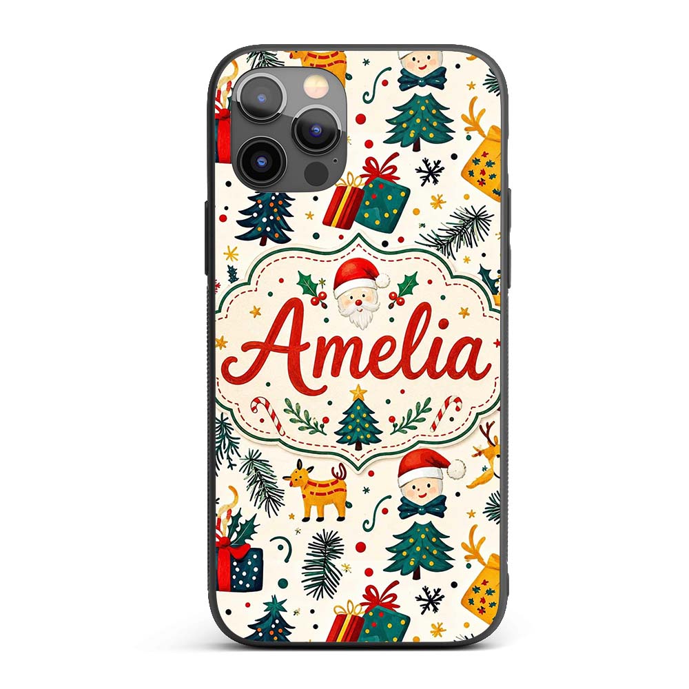 Cute Santa Reindeer Gifts Pine Branch Festive Custom Name Protective Phone Case Mobile Cover Durable Everyday Smartphone Shock Resistant