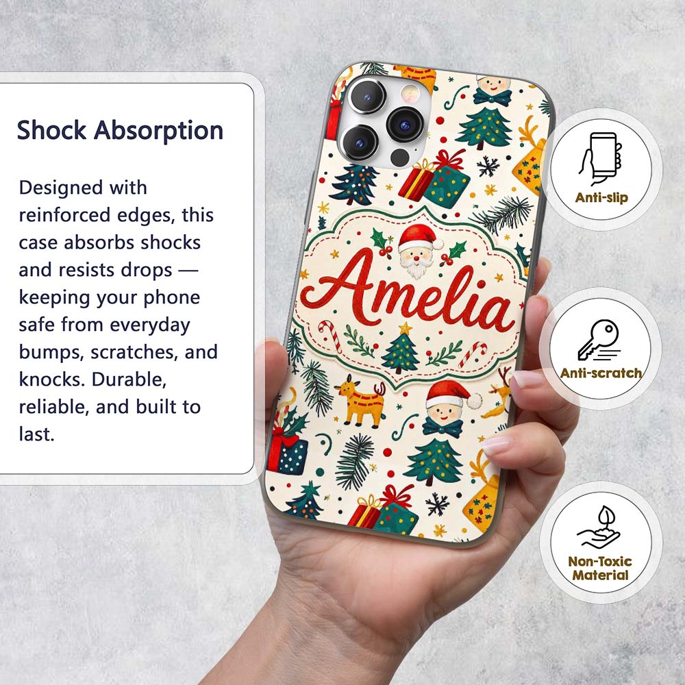 Cute Santa Reindeer Gifts Pine Branch Festive Custom Name Protective Phone Case Mobile Cover Durable Everyday Smartphone Shock Resistant