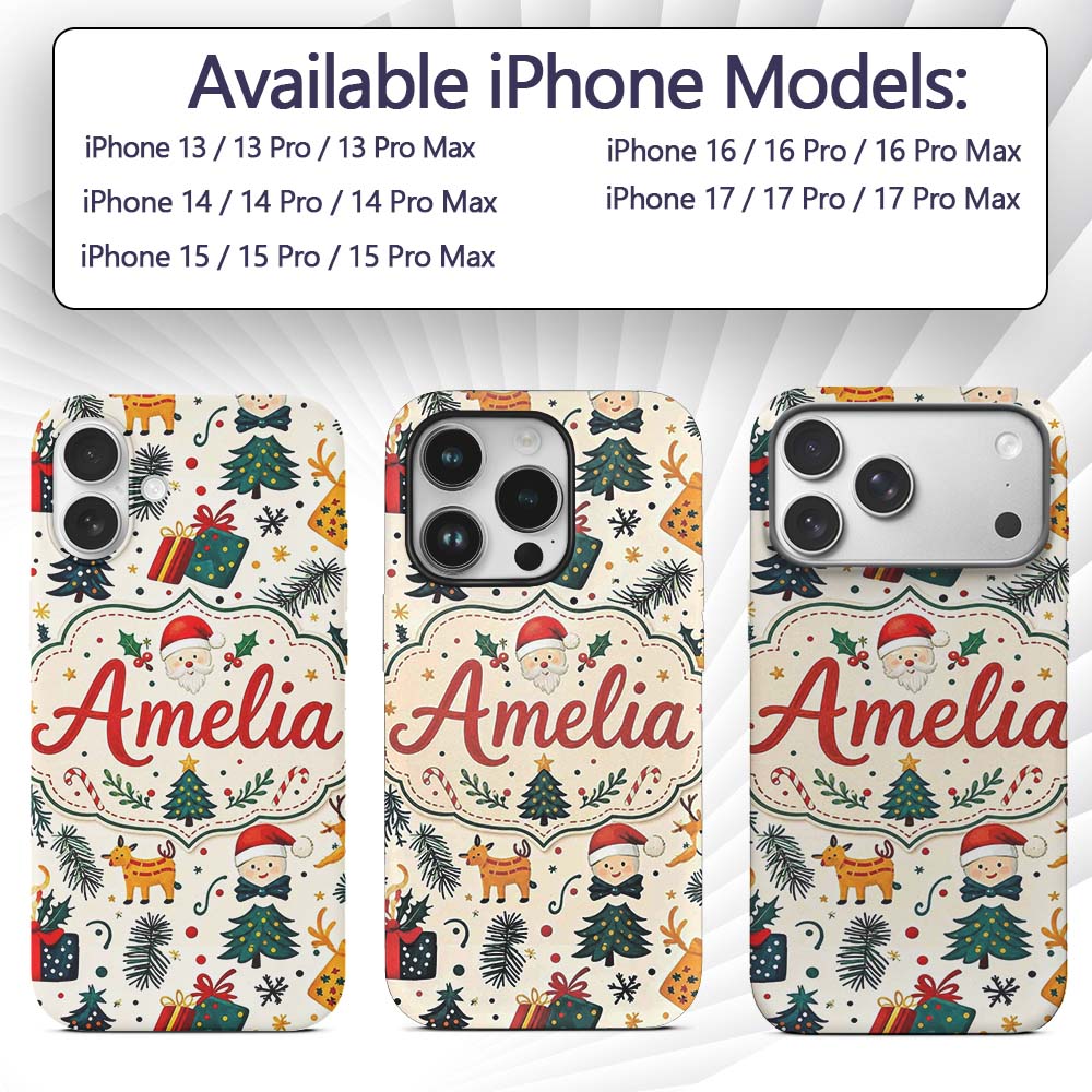 Cute Santa Reindeer Gifts Pine Branch Festive Custom Name Protective Phone Case Mobile Cover Durable Everyday Smartphone Shock Resistant