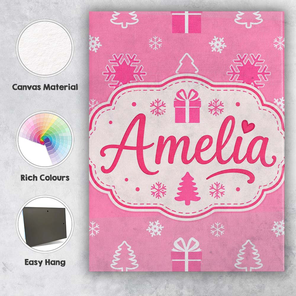 Personalised Name Pink Christmas Snowflakes Custom Bespoke Interior Contemporary Canvas Wall Art Print Decor Picture Ready to Hang