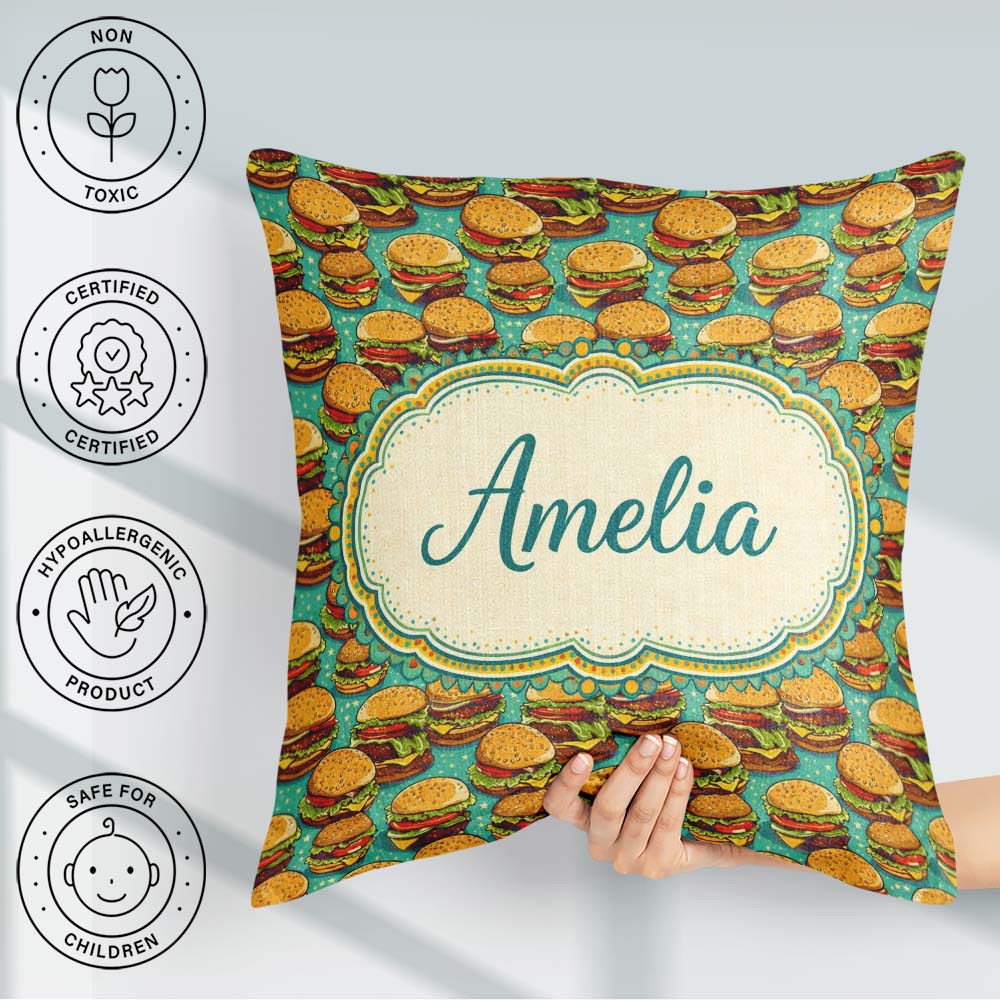 Custom Name Cartoon Teal Star Background Fast Food Design Lovely Square Filled Cushion Throw Pillow Sofa Bed Home Decor Zip Washable UK Made