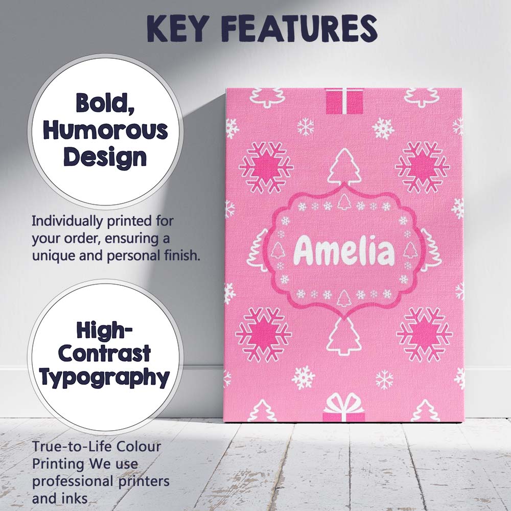 Personalised Name Cute Pink Christmas Custom Modern Room Accent Creative Decorator Style Canvas Wall Art Print Decor Picture Ready to Hang