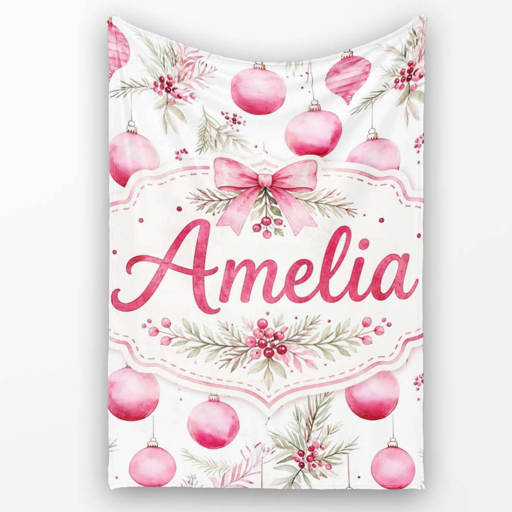 Watercolor Pink Christmas Baubles Pine Leave Seamless Pattern Personalised Custom Name Super Soft Fleece Blanket Bed Sofa Throw