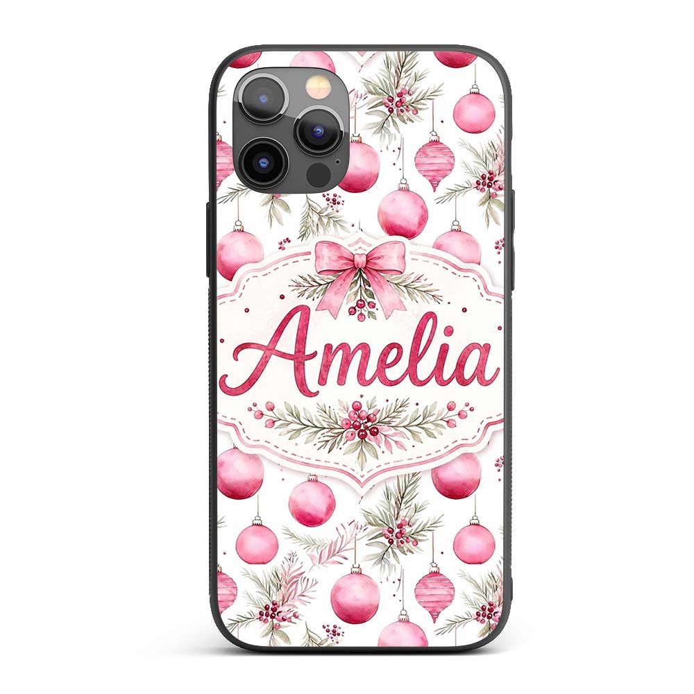 Watercolor Pink Christmas Baubles Pine Leave Custom Name Protective Phone Case Mobile Cover Durable Everyday Smartphone Shock Resistant