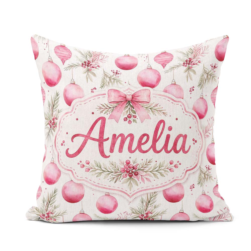 Custom Name Watercolor Pink Christmas Baubles Pine Leave Pattern Square Filled Cushion Throw Pillow Sofa Bed Home Decor Zip Washable UK Made