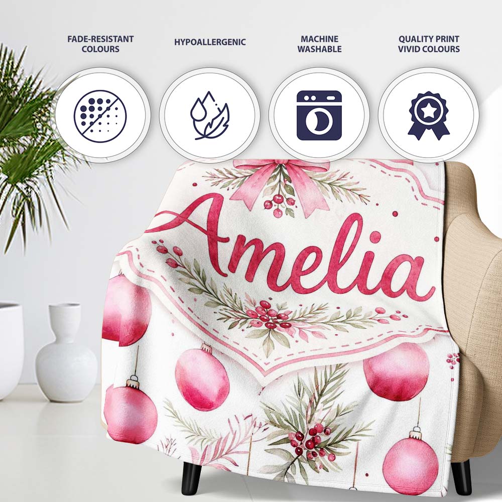 Watercolor Pink Christmas Baubles Pine Leave Seamless Pattern Personalised Custom Name Super Soft Fleece Blanket Bed Sofa Throw