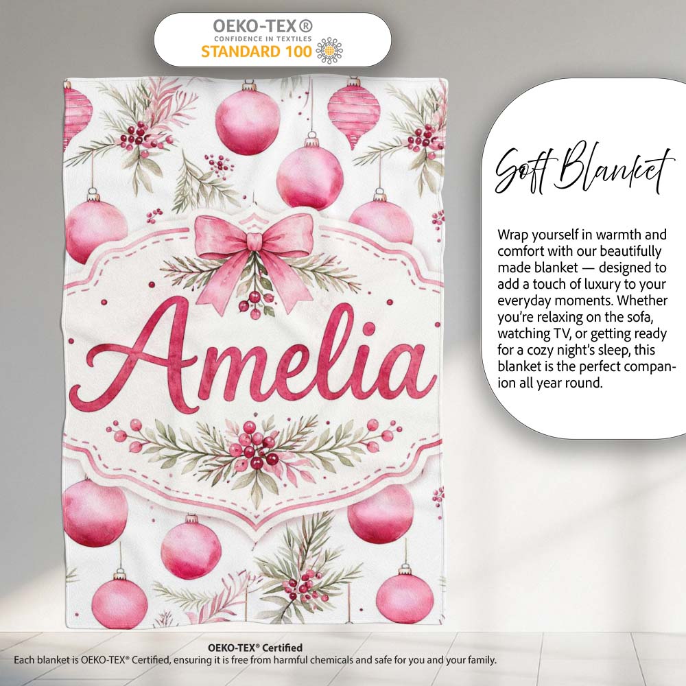 Watercolor Pink Christmas Baubles Pine Leave Seamless Pattern Personalised Custom Name Super Soft Fleece Blanket Bed Sofa Throw