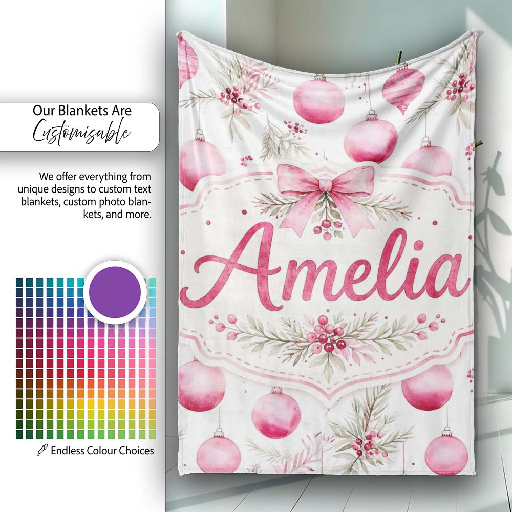 Watercolor Pink Christmas Baubles Pine Leave Seamless Pattern Personalised Custom Name Super Soft Fleece Blanket Bed Sofa Throw