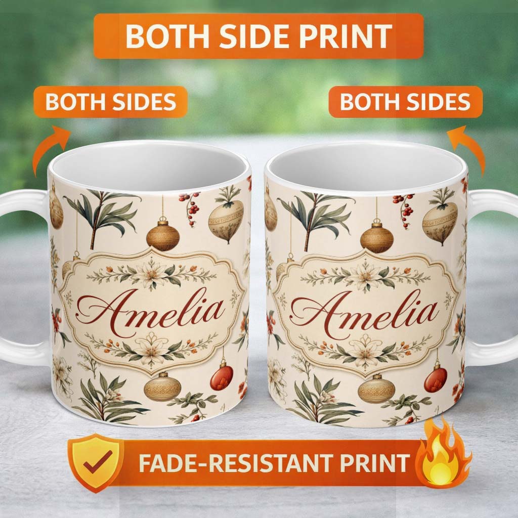 Personalized Custom Name Elegant Botanical Christmas Baubles Floral Leaves Seamless Pattern 11oz Ceramic Coffee Tea Mug White Large Handle