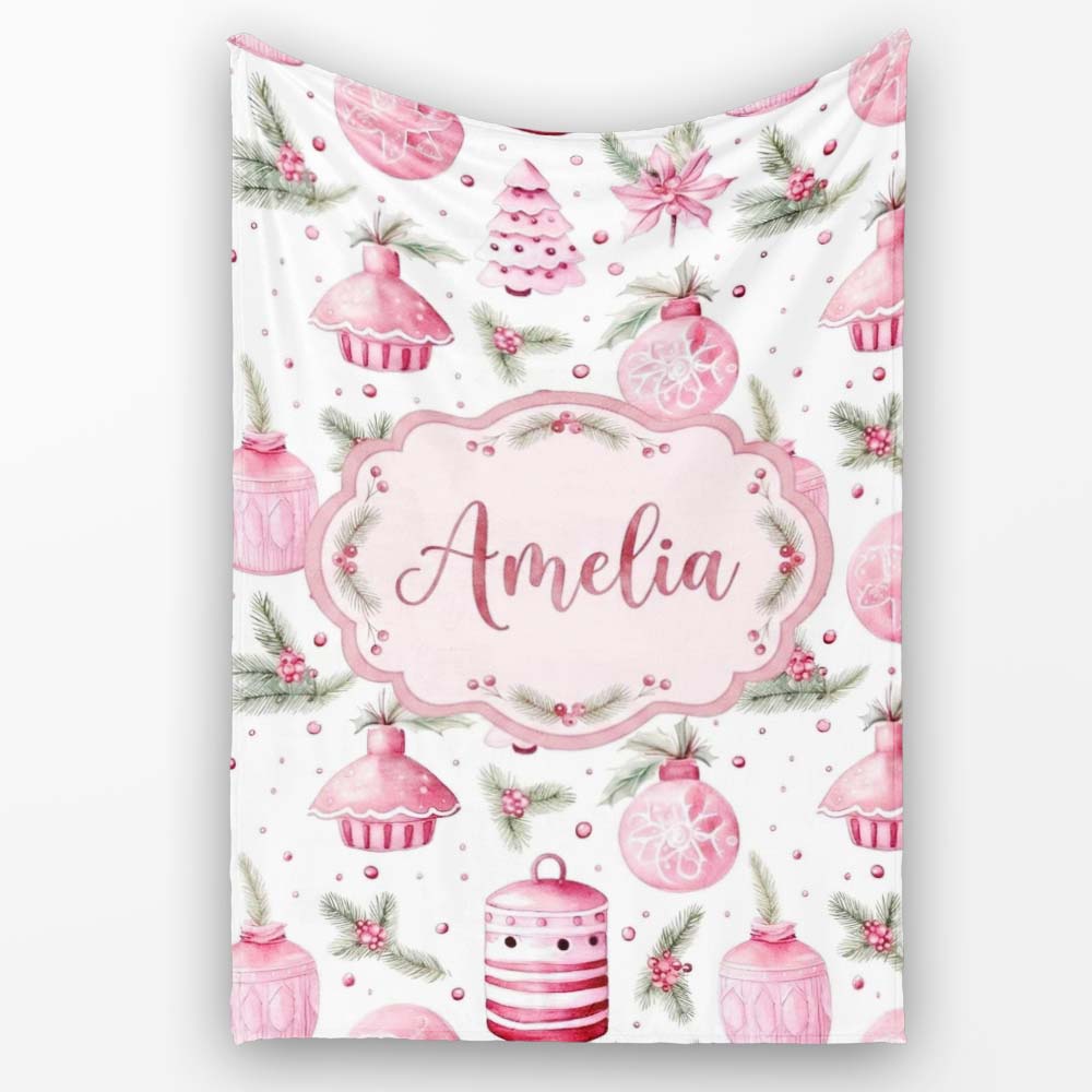 Watercolor Pink Christmas Ornaments Pine Berries Seamless Pattern Personalised Custom Name Super Soft Fleece Blanket Bed Sofa Throw