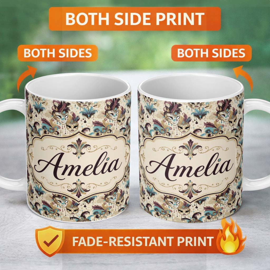 Personalized Custom Name Gold and Black Stylised Venetian Masks in Repeating Pattern Seamless 11oz Ceramic Coffee Tea Mug White Large Handle