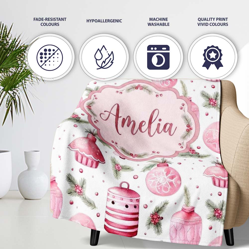 Watercolor Pink Christmas Ornaments Pine Berries Seamless Pattern Personalised Custom Name Super Soft Fleece Blanket Bed Sofa Throw