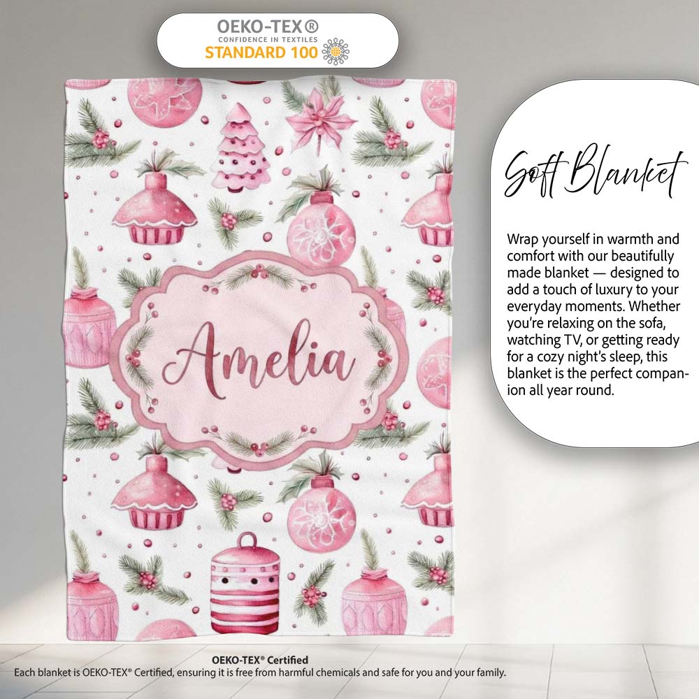 Watercolor Pink Christmas Ornaments Pine Berries Seamless Pattern Personalised Custom Name Super Soft Fleece Blanket Bed Sofa Throw