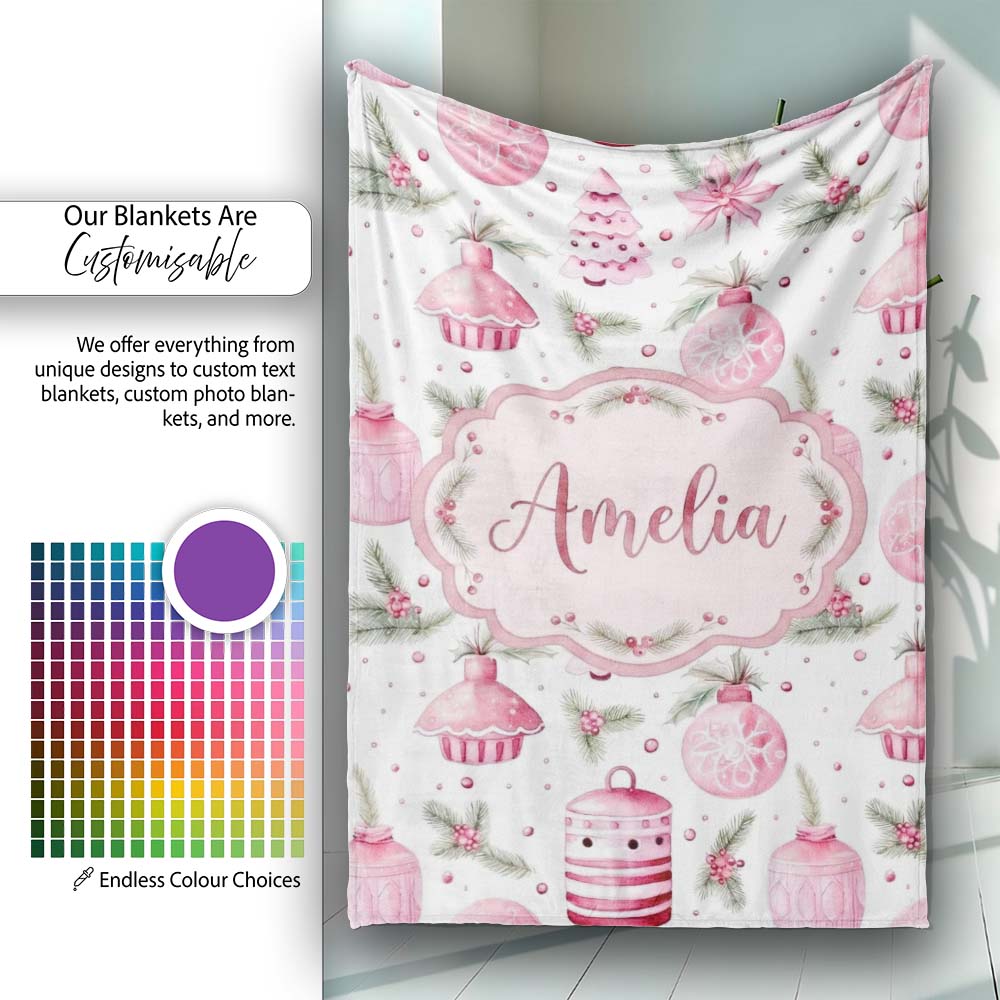 Watercolor Pink Christmas Ornaments Pine Berries Seamless Pattern Personalised Custom Name Super Soft Fleece Blanket Bed Sofa Throw