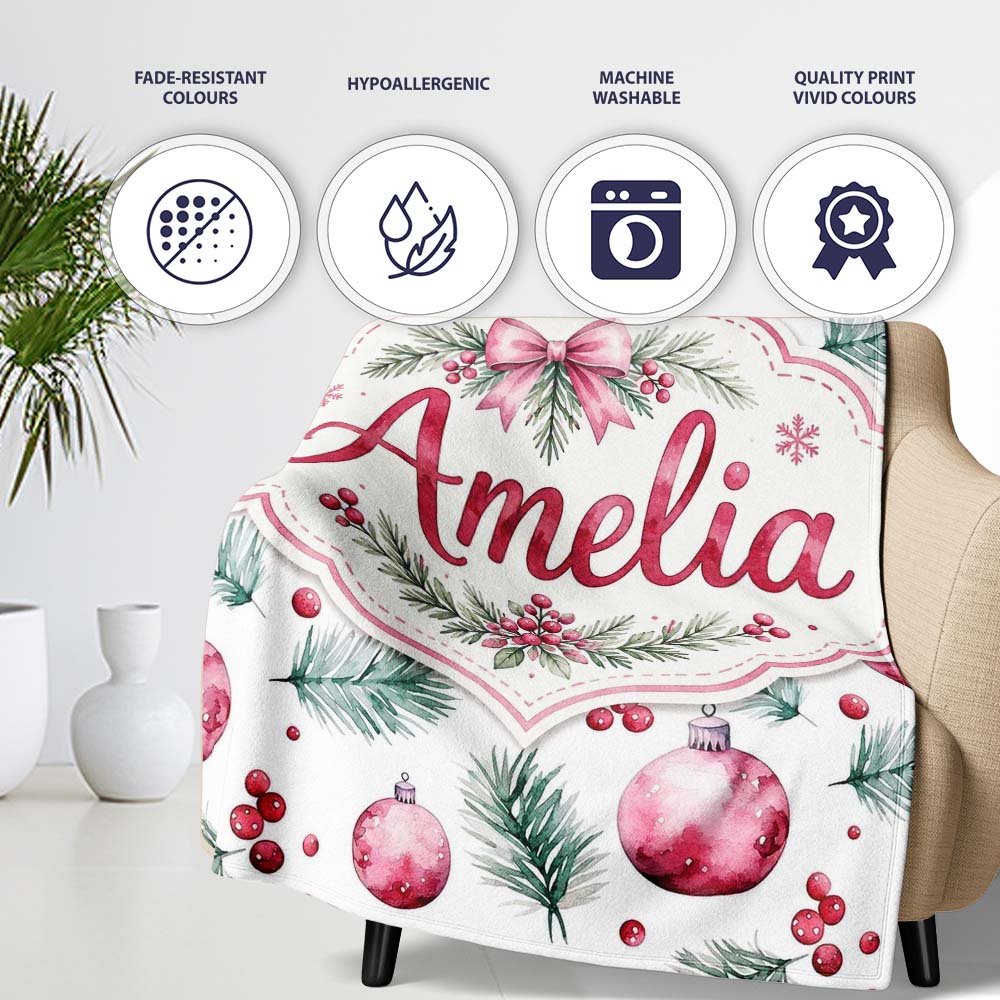 Watercolor Pink Christmas Baubles Pine Branch Berries Seamless Personalised Custom Name Super Soft Fleece Blanket Bed Sofa Throw