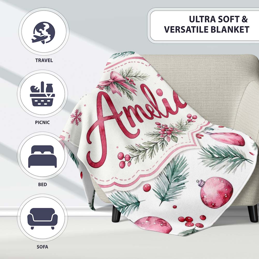 Watercolor Pink Christmas Baubles Pine Branch Berries Seamless Personalised Custom Name Super Soft Fleece Blanket Bed Sofa Throw