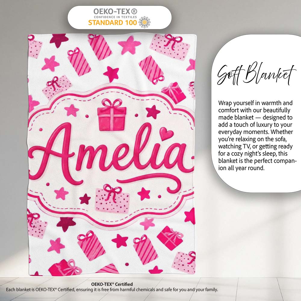 Cute Pink Christmas Gifts Stars Hand Drawn Seamless Pattern Lovely Personalised Custom Name Super Soft Fleece Blanket Bed Sofa Throw