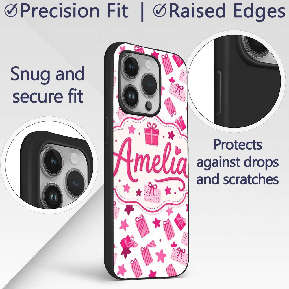 Cute Pink Christmas Gifts Stars Printed Design Custom Name Protective Phone Case Mobile Cover Durable Everyday Smartphone Shock Resistant