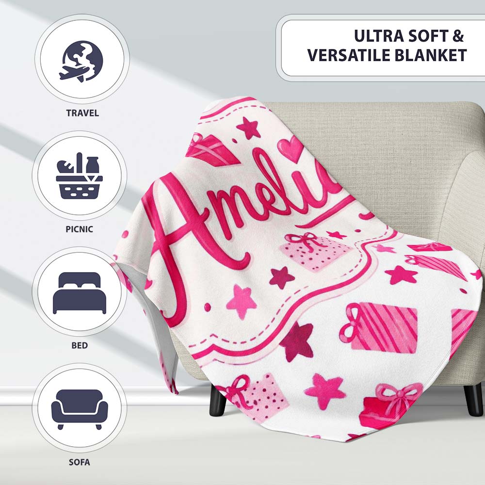 Cute Pink Christmas Gifts Stars Hand Drawn Seamless Pattern Lovely Personalised Custom Name Super Soft Fleece Blanket Bed Sofa Throw
