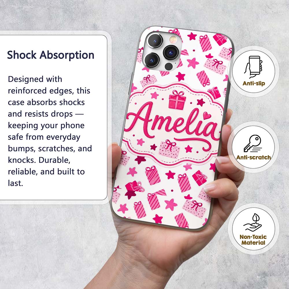 Cute Pink Christmas Gifts Stars Printed Design Custom Name Protective Phone Case Mobile Cover Durable Everyday Smartphone Shock Resistant