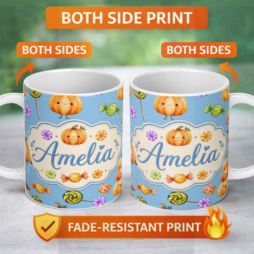 Personalized Custom Name Cute Watercolor Pumpkins and Candy Sweets on Purple Background 11oz Ceramic Coffee Tea Mug White Large Handle